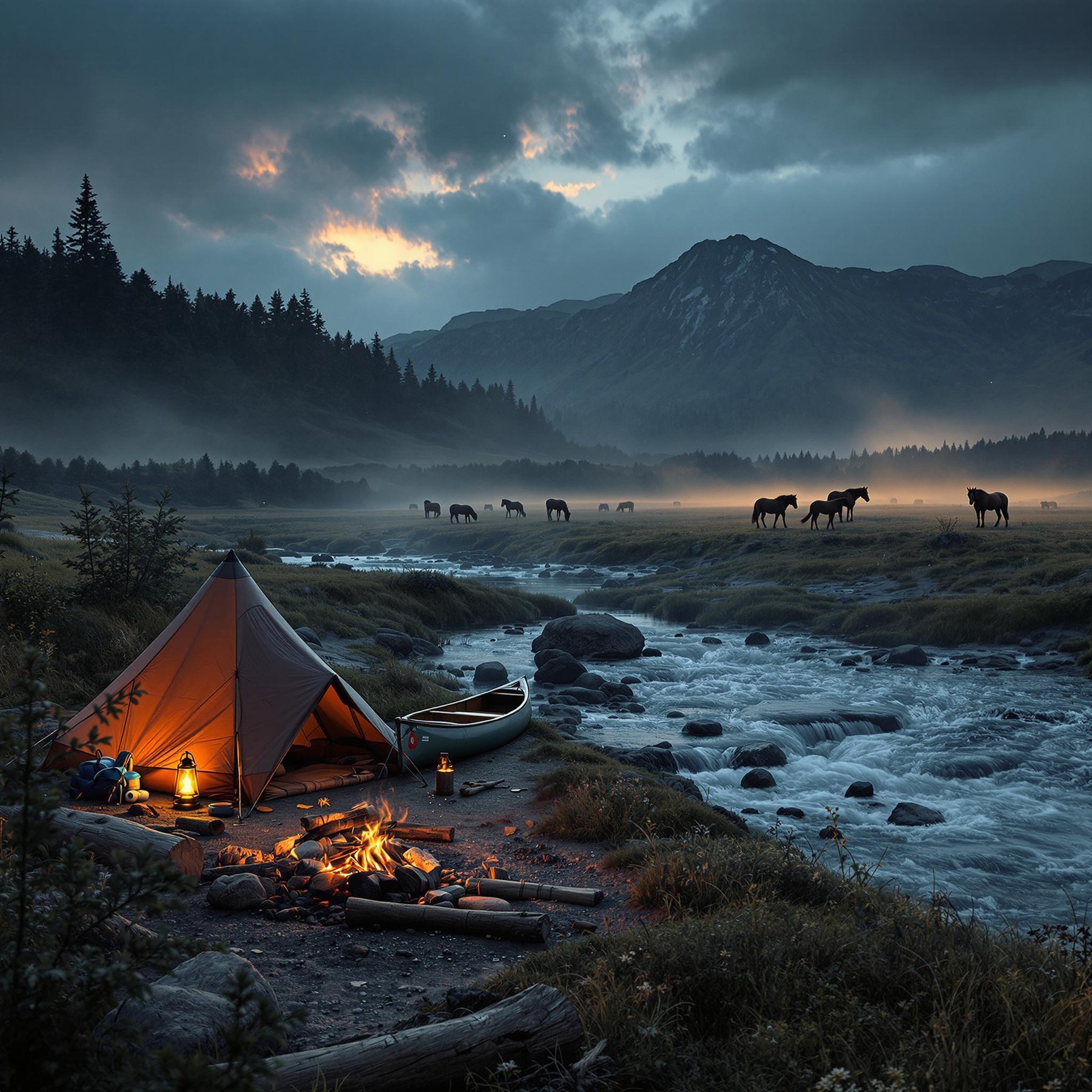 A cozy tent rests beside a rushing river as dusk settles over the dusty landscape. A canoe, campfire, and glowing lantern create a warm welcome, while wild horses graze in the distant field.
