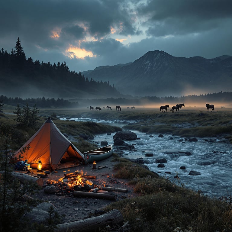 A cozy tent rests beside a rushing river as dusk settles over the dusty landscape. A canoe, campfire, and glowing lantern create a warm welcome, while wild horses graze in the distant field.