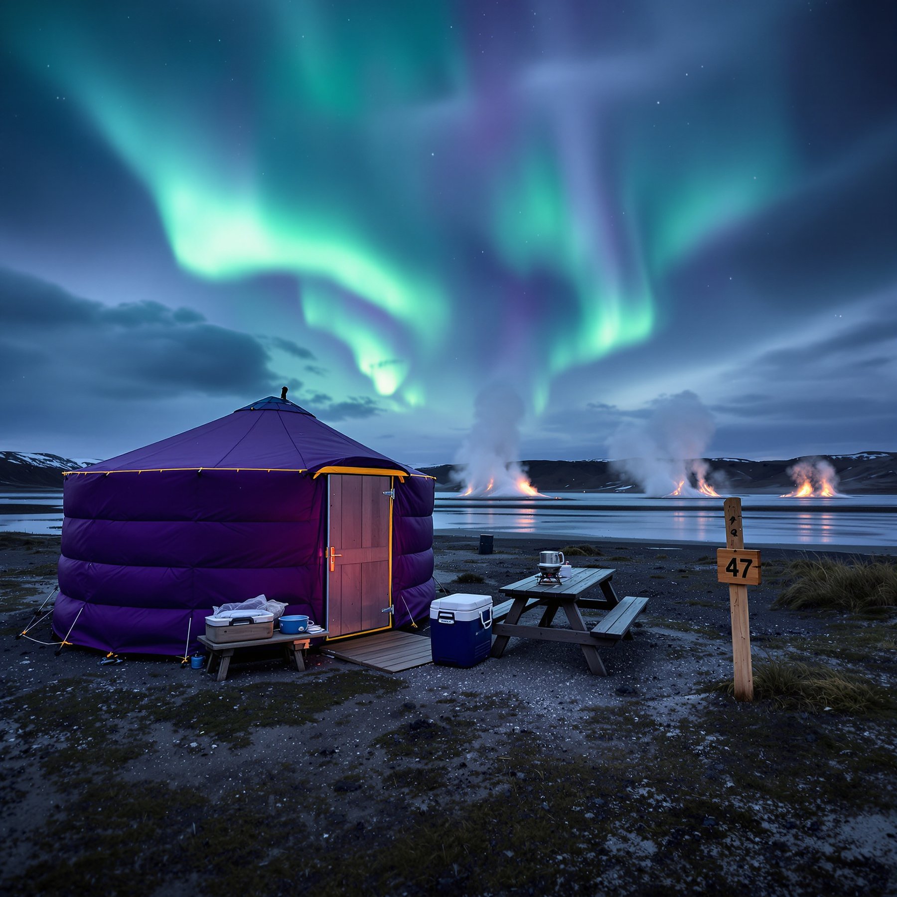 This campsite sits by a steaming lake under a sky lit with glowing green northern lights. There’s a cozy purple tent next to a picnic table, perfect for stargazing. The air feels magical and full of adventure.