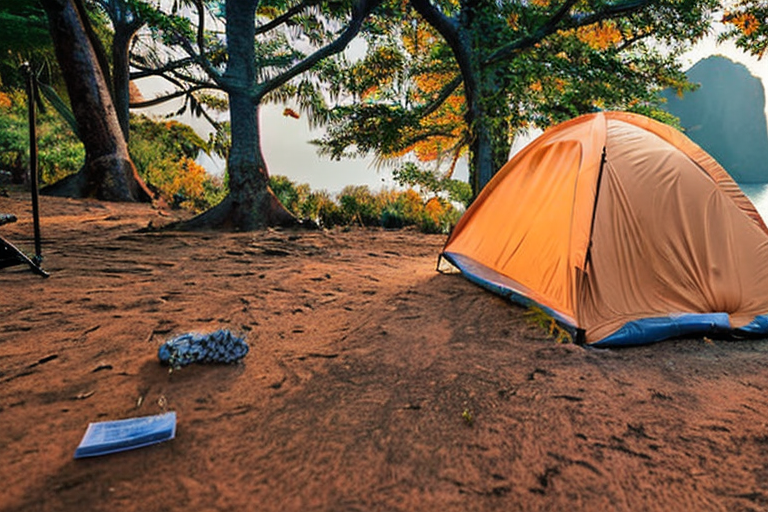 A brown tent rests on a dirt campsite beside a warm campfire. Fall-colored trees and large boulders surround the site, with beautiful Halong Bay in the distance. The cloudy golden-hour light creates a cozy, peaceful mood.