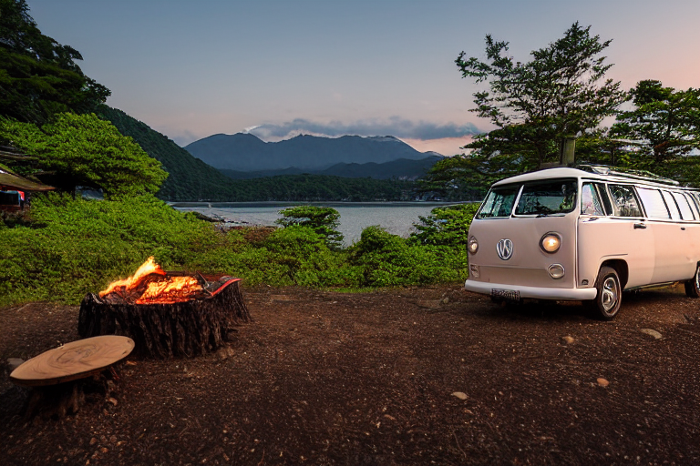 A white camper van rests on a quiet dirt clearing in Miyajima as the campfire glows at dusk. A berry-covered bush and a large log sit nearby, with a mountain rising in the background.