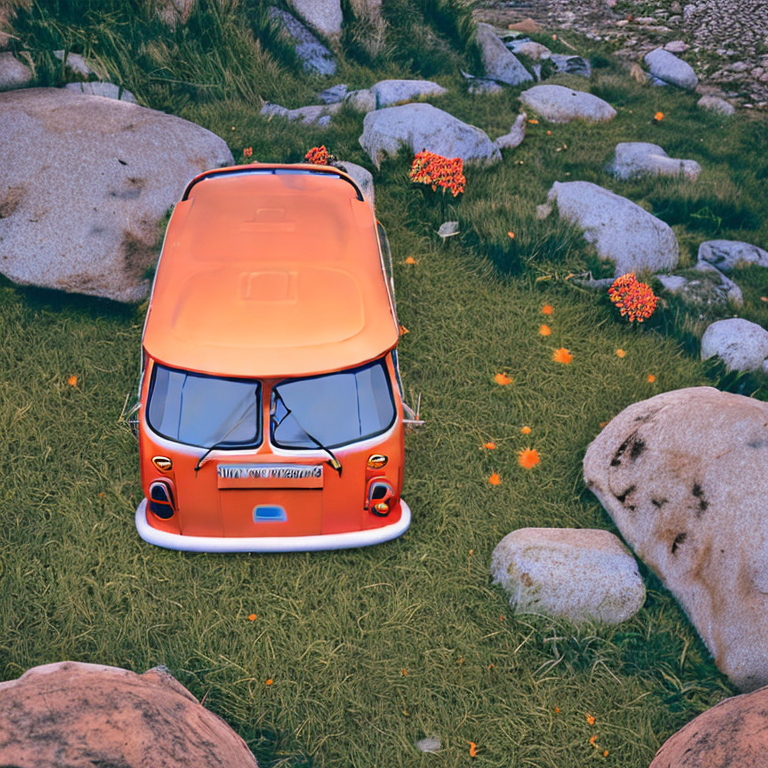 An orange camper van rests beside a quiet creek at sunset. Boulders, wild grass, and small flowers surround the dusty campsite. Nearby, a tent glows warmly under the cloudy evening sky.