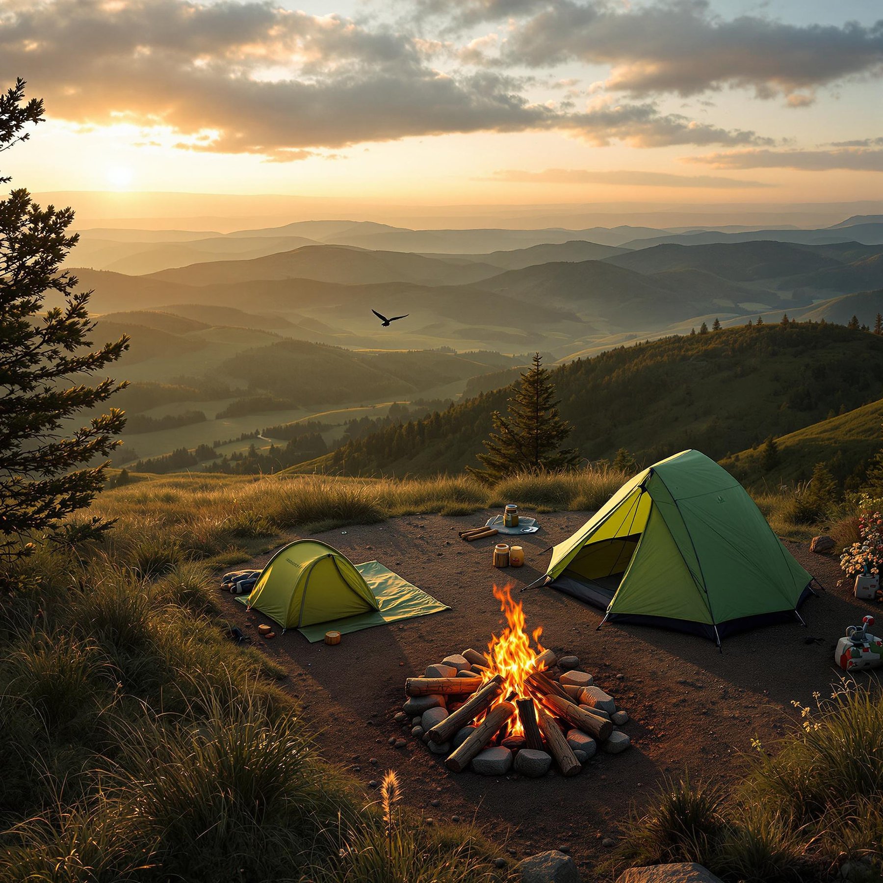 A green tent rests on a scenic overlook above rolling hills glowing in the sunset. A warm campfire and wooden logs sit at the center, with a trail marker nearby. A deer wanders in the distance as a bird flies across the dusty sky.