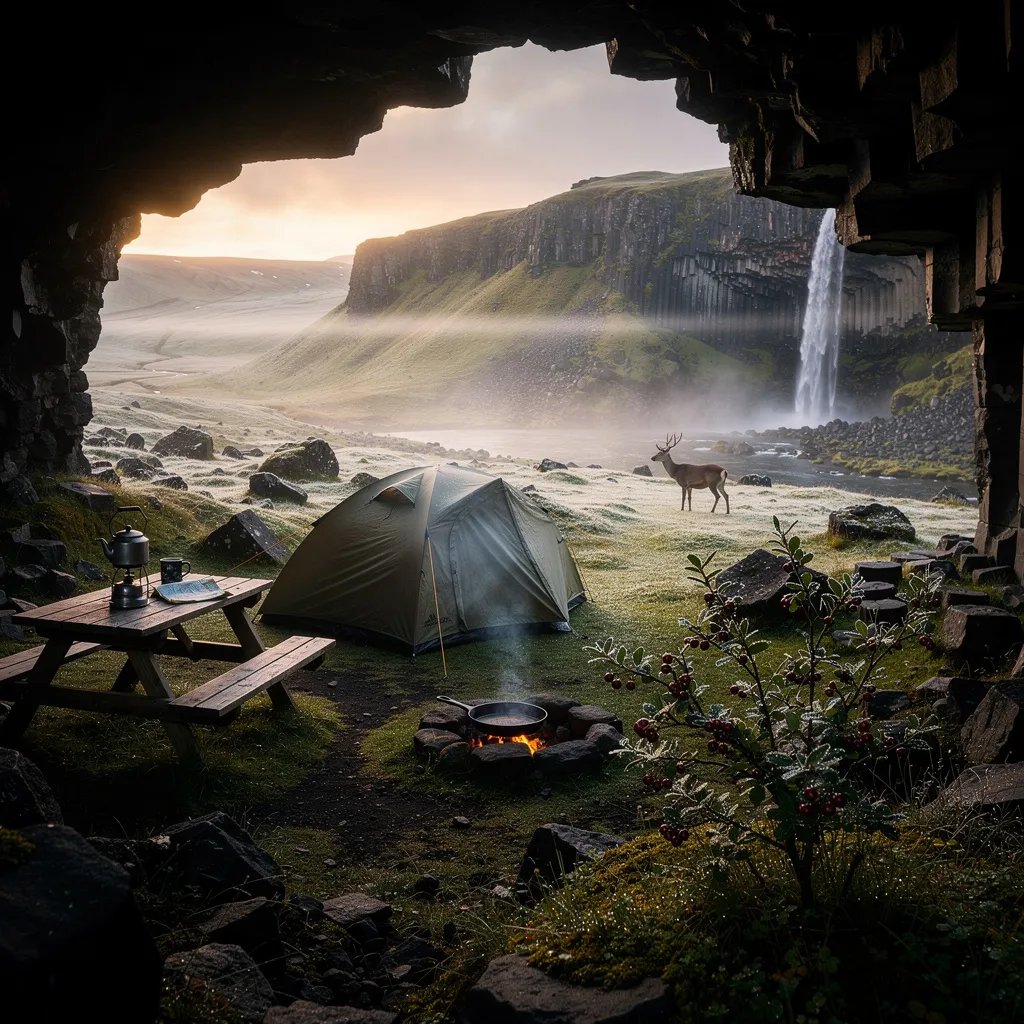 At dawn, a quiet mossy valley stretches out from the mouth of a dark basalt cave. A small green tent sits on soft ground near a picnic table, while thin smoke curls up from a little fire warming a pan. Far away, a tall waterfall pours down a cliff and a lone deer stands still in the misty meadow. Dewy berries and scattered black rocks sparkle as the sky turns from cool blue to warm gold.
