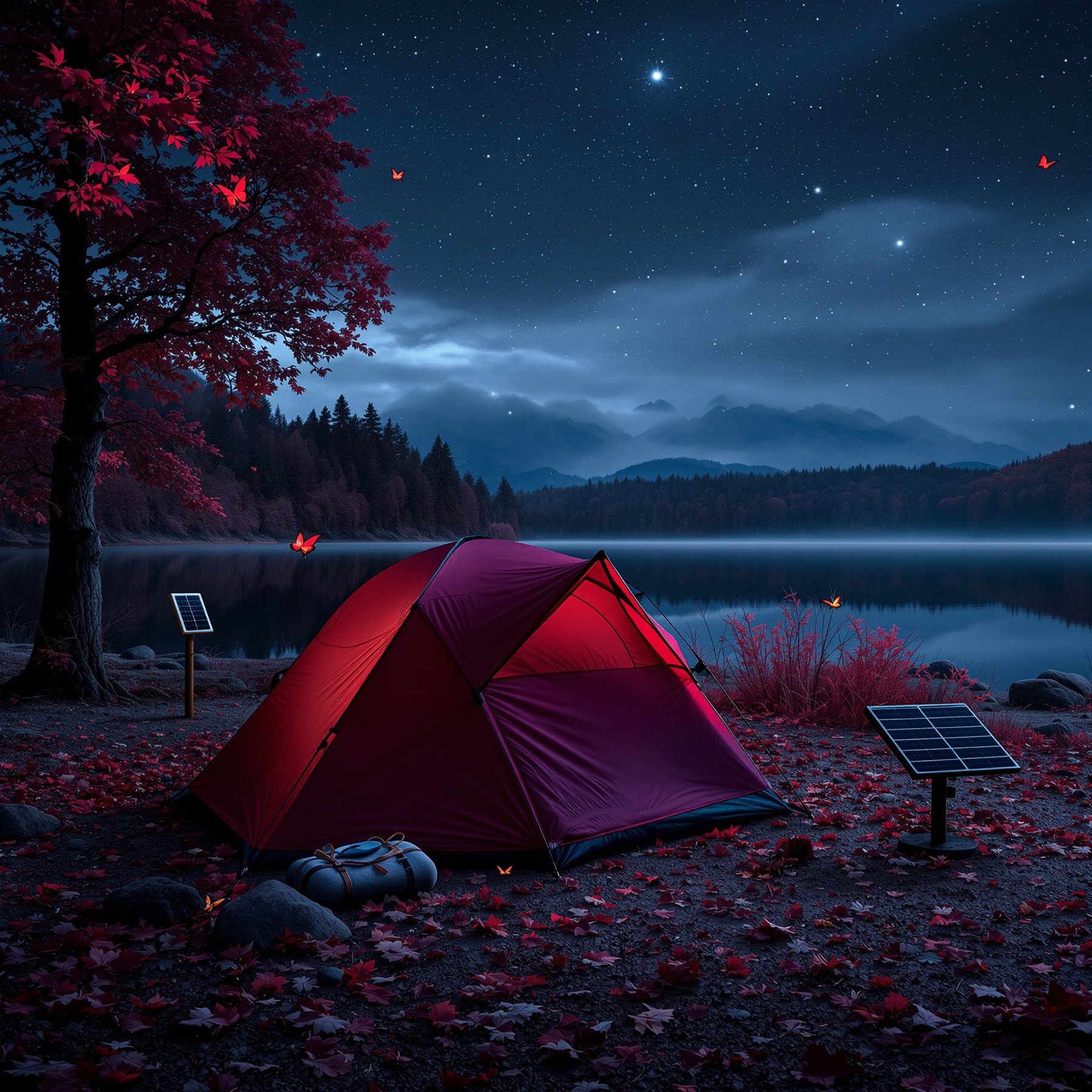 A cozy red tent sits by a calm lake under a sky full of stars. Bright red leaves and fluttering butterflies make the campsite feel magical. Solar panels nearby help light up the night.