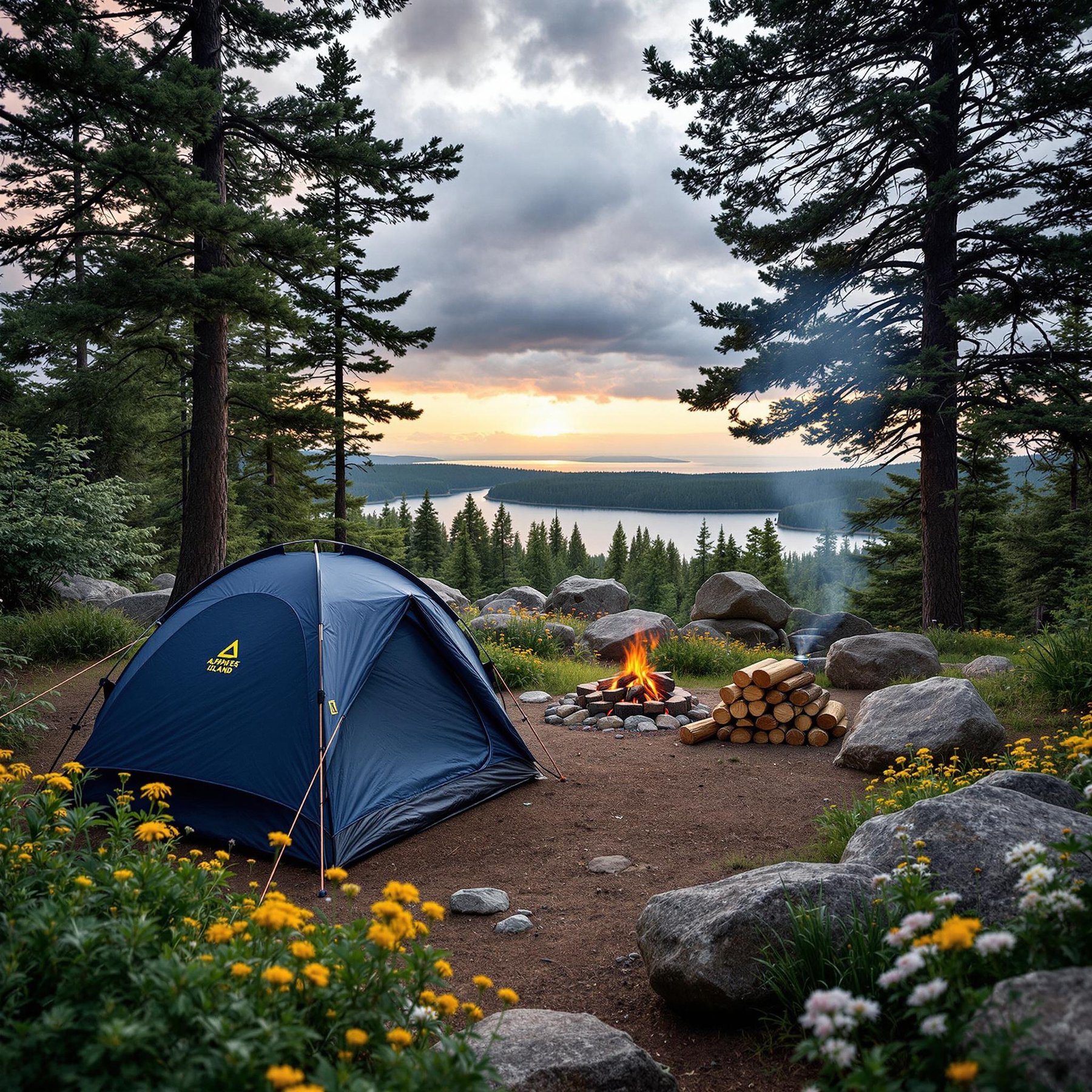 A navy blue tent rests among tall trees, boulders, and bright wildflowers. Nearby, a campfire and stacked firewood make the site feel warm and cozy. Rainbow-colored hot springs shimmer beside the campsite as a thunderstorm gathers in the distance.