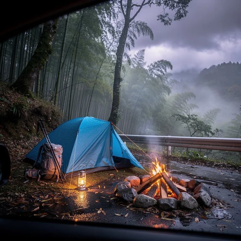 A quiet campsite sits in a misty bamboo forest at dusk, with wet leaves covering the ground. A sky-blue tent glows softly beside a stone fire ring where a small fire crackles and sends smoke into the fog. A bright lantern shines near the doorway while dark storm clouds gather overhead.