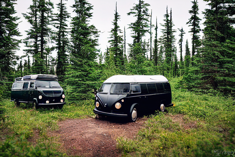 A black VW campervan rests at a quiet campsite in snowy Isle Royale National Park. Tall grass, thick bushes, and large boulders surround the rough, rocky ground.