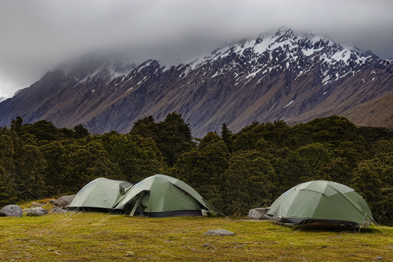 A green tent rests on a dirt clearing beneath the dark, stormy sky of Mount Cook National Park. A warm campfire glows beside stone slabs and camping chairs, with rolling hills fading into the night.