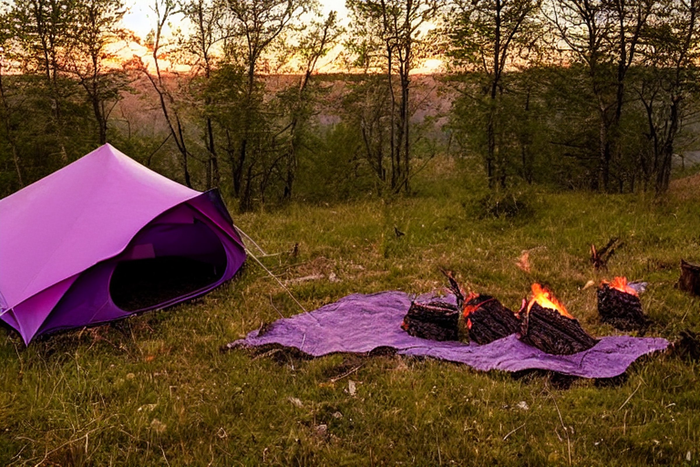 A purple tent rests on a quiet dirt clearing in the woods. A stone-ringed campfire, fallen leaves, and twigs add a cozy touch, while deer wander in the foggy distance. Golden light gives the campsite a warm, peaceful glow.
