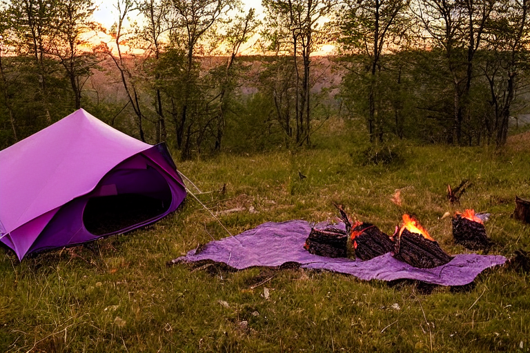A purple tent rests on a quiet dirt clearing in the woods. A stone-ringed campfire, fallen leaves, and twigs add a cozy touch, while deer wander in the foggy distance. Golden light gives the campsite a warm, peaceful glow.