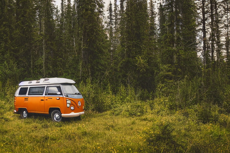 A gray and orange campervan rests in a quiet forest clearing beneath bright northern lights. A warm campfire glows on the dirt, surrounded by wildflowers, rolling hills, and tall trees. In the distance, a hiker shines a flashlight through the night.