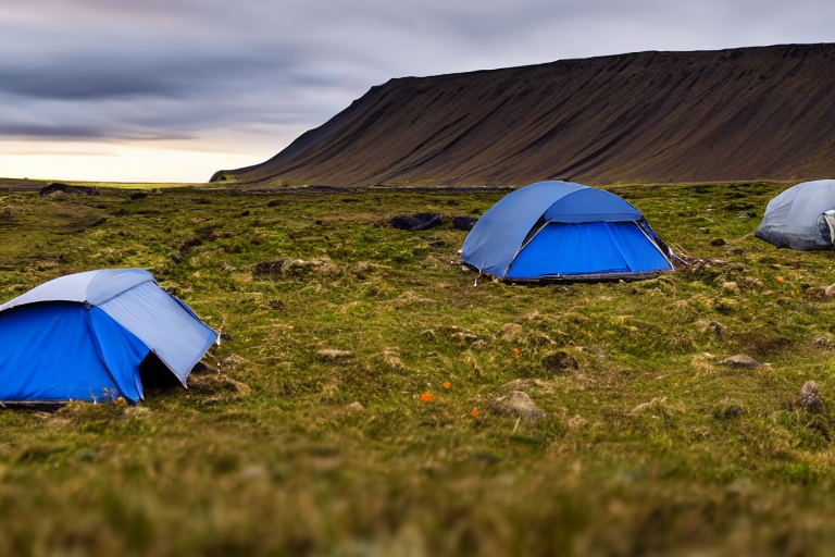 A blue and gray tent rests on a dirt campsite in Iceland. Rolling hills, wildflowers, and hikers surround the camp beneath a cloudy sunset sky.