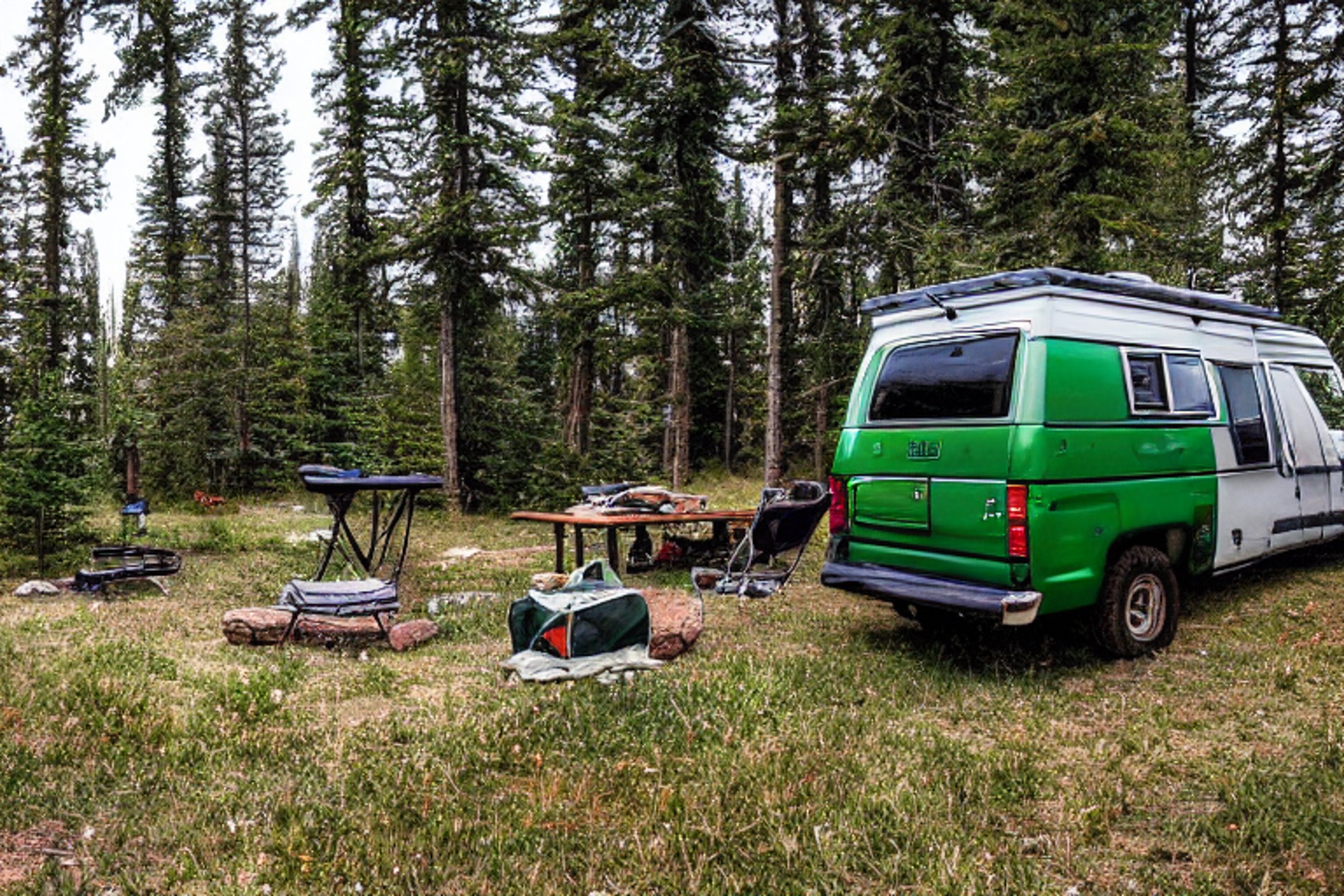 Two green vans rest in a quiet Montana campsite beneath a sky full of stars. A warm campfire glows beside the overgrown grass, dirt path, and camping gear. Snow dusts the ground, while a hammock hangs between the trees nearby.