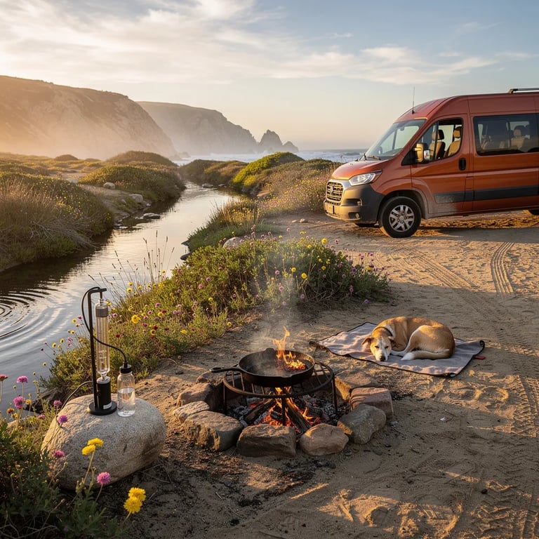 A warm sunset glows over a quiet campground by a little creek, with wildflowers and scrub on sandy ground. A burnt-orange van sits nearby while a small fire crackles under a cast-iron skillet. A sleepy dog curls up by the coals as ocean cliffs fade in the distance.