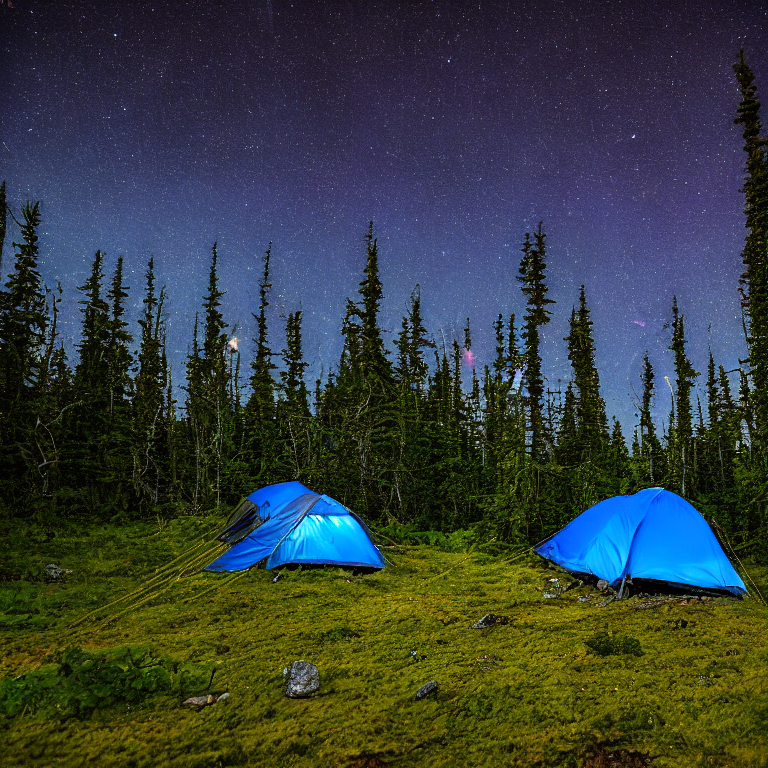 A blue and gray tent rests on a quiet dirt clearing beneath a glowing northern lights sky. Mossy trees, wildflowers, and small stones surround the campsite, while hikers enjoy the peaceful night.