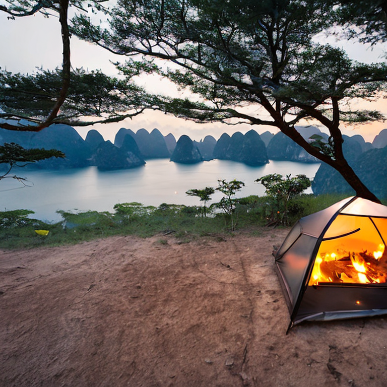 A black tent rests on a quiet dirt campsite in foggy Halong Bay. Small trees and a large rock surround the spot, while a campfire, wooden log, and glowing lantern create a warm sunset mood.
