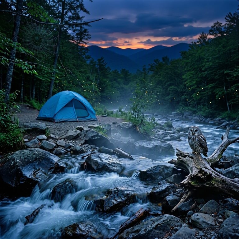 A blue tent rests among the rocks beside the rushing river. In the fading light, a barred owl watches quietly from a piece of driftwood as fireflies glow in the forest.