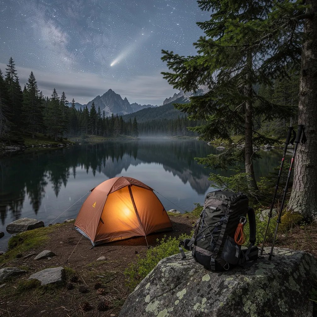 A quiet alpine lake glows under a sky packed with stars and the Milky Way. A copper tent sits in a small clearing of dark evergreen trees, with a warm lantern shining at the door. The still water mirrors the night, and a bright comet hangs low on the horizon.