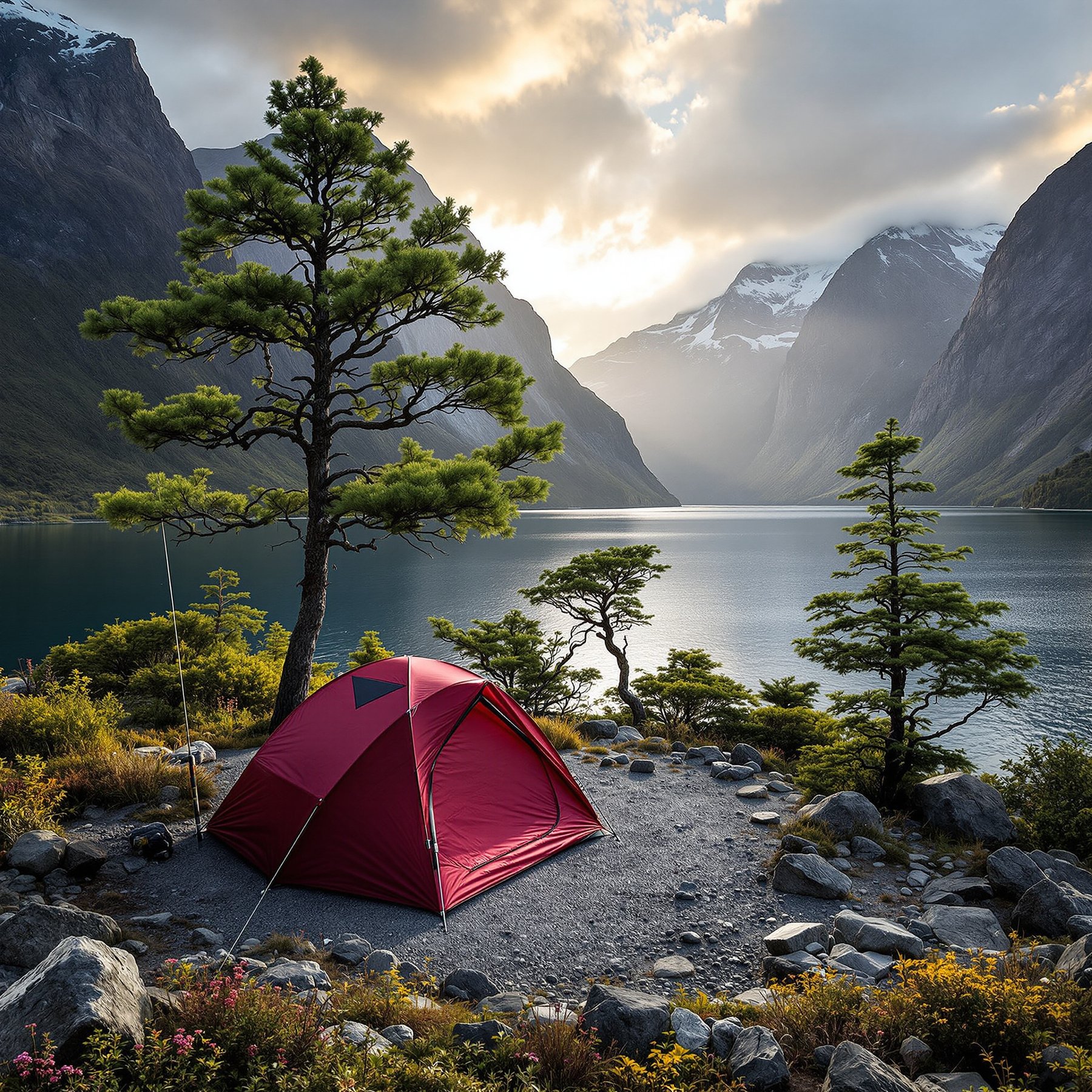 This campsite sits by a calm, blue lake surrounded by tall mountains and green trees. The air feels fresh and peaceful. A bright red tent stands ready for adventure under the soft sunlight.