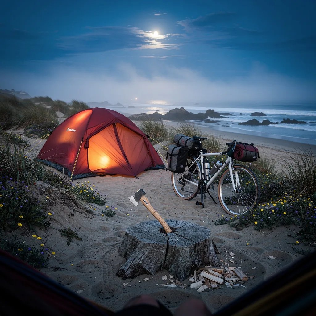 A quiet beach campsite sits in the dunes under cool blue evening light. A rust-red tent glows warmly from a lantern, with a bicycle resting nearby. Sea mist drifts in as the moon hangs low over the calm shoreline, and an axe is stuck in a weathered stump in the sand.