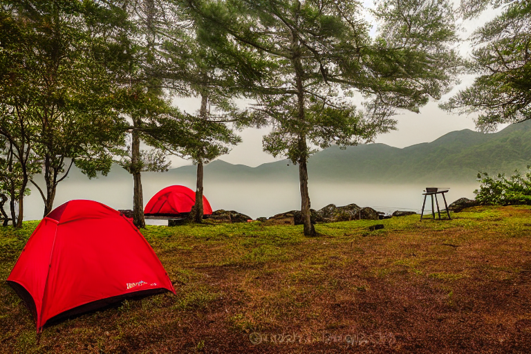 A bright red tent glows beside a small campfire in the misty hills of Miyajima, Japan. Tall grass surrounds the campsite, with a picnic table and a mountain rising in the soft sunrise.