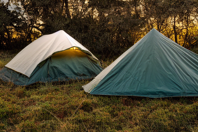 A cozy tent rests on a paved campsite near the California coast. Snowy grass, berry-covered bushes, and a small dirt patch surround the site as the sunrise casts a soft golden glow.