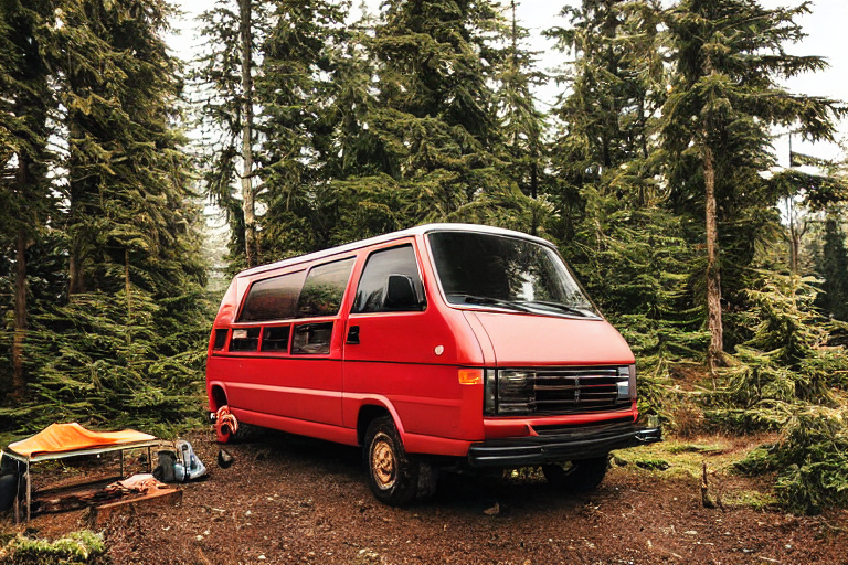 A red camper van rests at a quiet campsite on Vancouver Island. Fog drifts around the mountain as a tent glows softly nearby, while a small campfire warms the dusk beside the rocks.