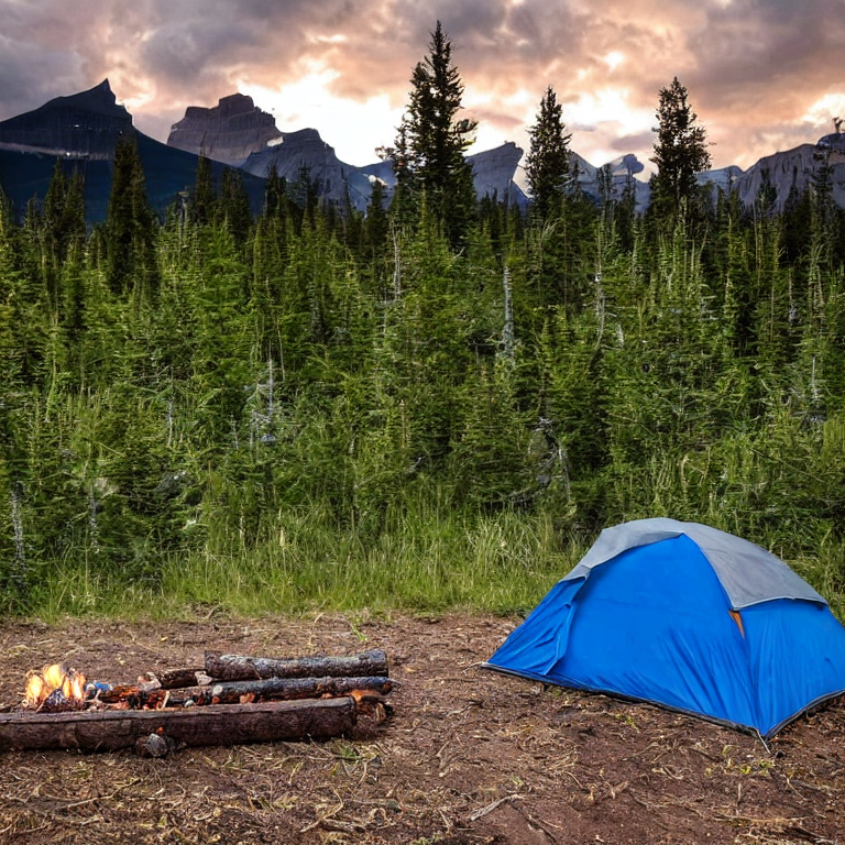 A gray and blue tent rests on a grassy dirt campsite in Banff National Park. A small campfire glows beside a wooden guitar as stormy sunset clouds fill the sky.