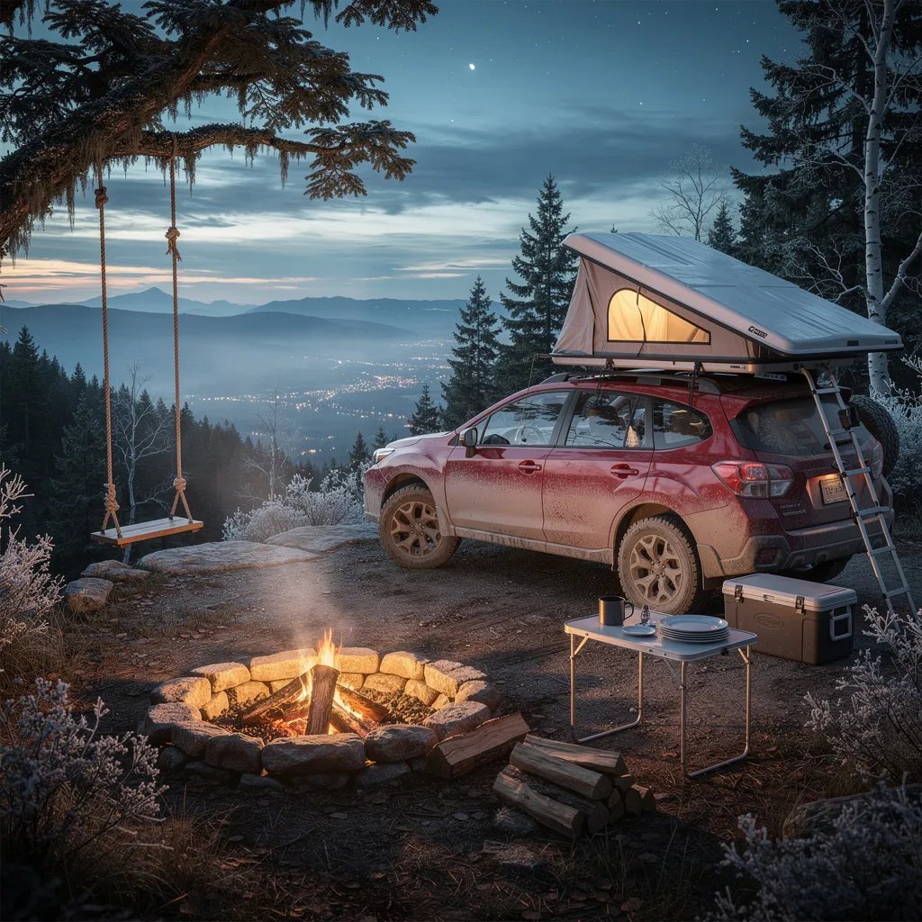 A quiet mountain campsite sits at the edge of a dark forest, looking out over a wide valley under a blue twilight sky. A red-and-white car with a rooftop tent rests near the overlook, warmed by the soft glow of a small fire. Frosty branches hang above, and a rope swing sways from a strong tree limb. Nearby, a little table holds stacked camping plates, ready for dinner.