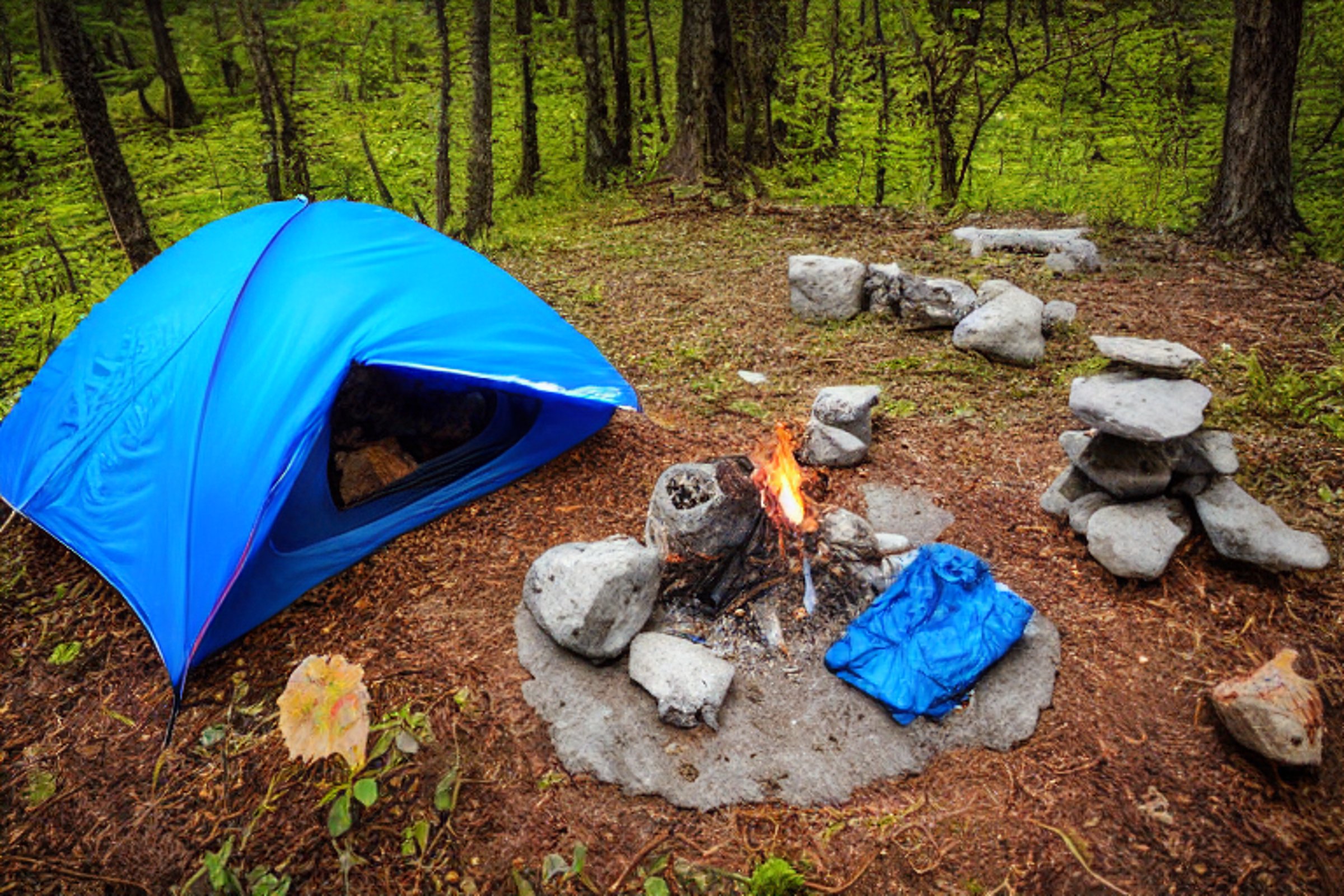 A blue two-person tent rests on a quiet dirt patch in Plitvice Lakes National Park. A stone-ringed campfire and scattered logs sit nearby, with a backpack beside the tent. Soft sunrise light glows through the fog and leaves.