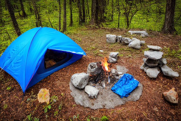 A blue two-person tent rests on a quiet dirt patch in Plitvice Lakes National Park. A stone-ringed campfire and scattered logs sit nearby, with a backpack beside the tent. Soft sunrise light glows through the fog and leaves.