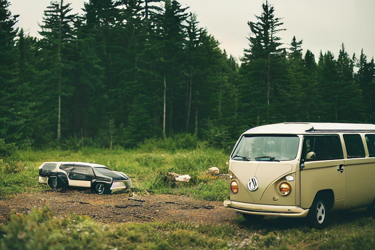 A black VW campervan rests beside a warm campfire on Maine’s rocky coast. Boulders, fallen leaves, and a dirt clearing surround the camp, while a small log cabin sits on the distant horizon. Soft sunrise light shines through the cloudy sky.
