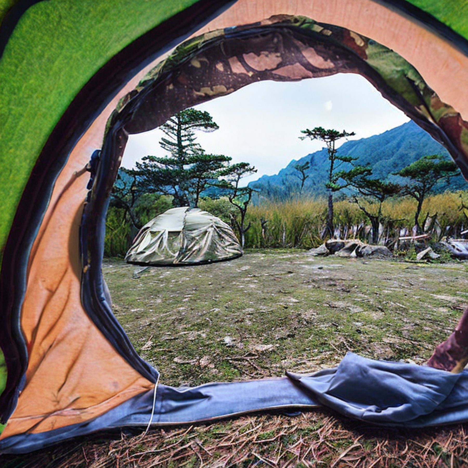 A green camo tent rests on a quiet paved campsite in Miyajima at night. Mossy trees, rocky ground, and a small twig surround the dirt patch, while stars peek through the cloudy sky.