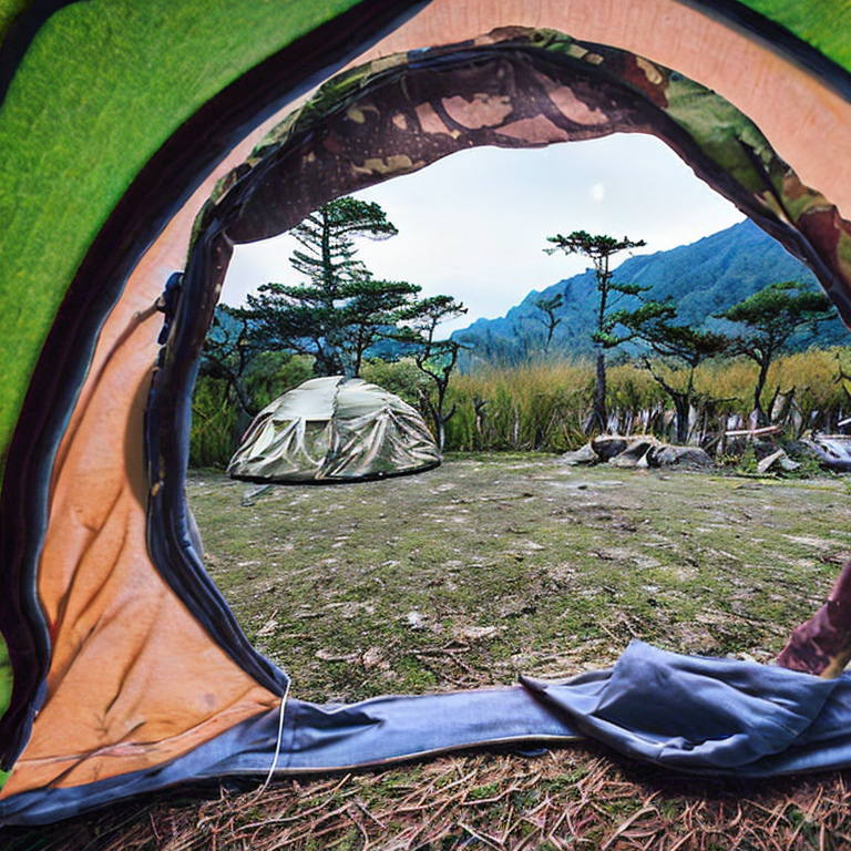 A green camo tent rests on a quiet paved campsite in Miyajima at night. Mossy trees, rocky ground, and a small twig surround the dirt patch, while stars peek through the cloudy sky.