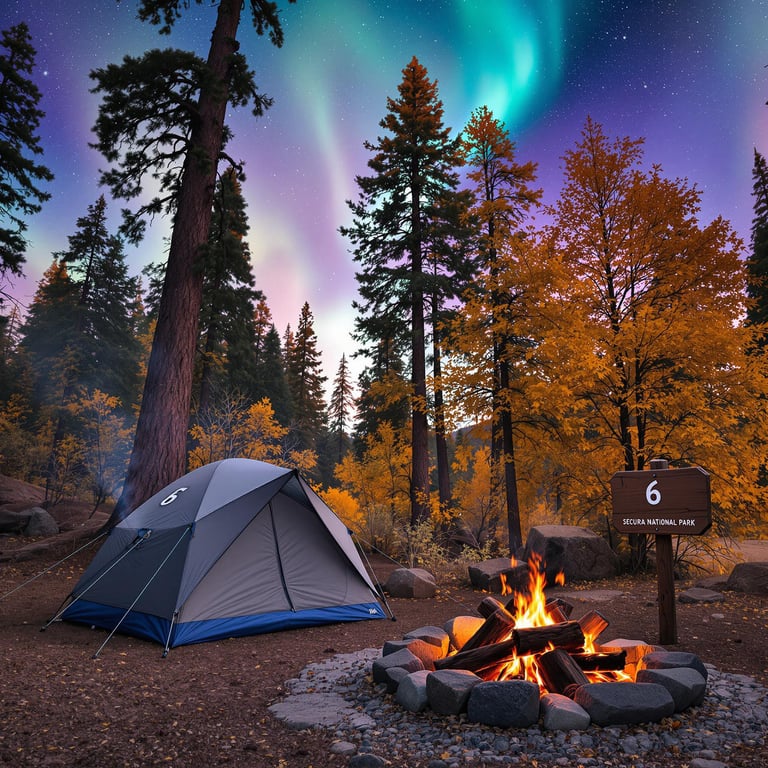A cozy blue-gray tent rests among towering trees dressed in fall colors. Nearby, a stone-ringed campfire and a wooden sign marked “6” add charm to the campsite. Above, bright northern lights ripple across the cool, windy sky.