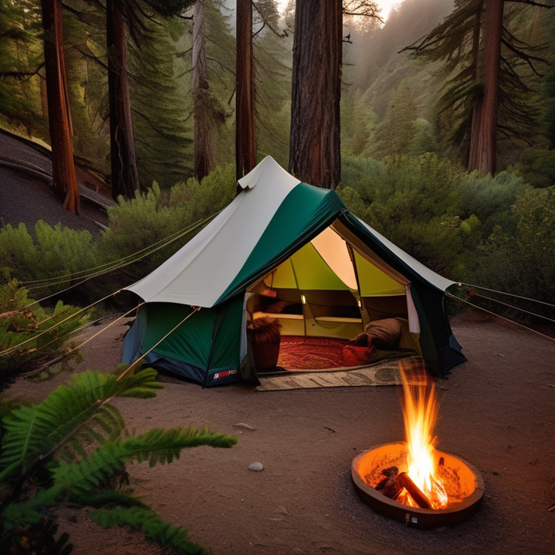 A green tent rests on a dirt clearing in the Big Sur forest. A warm campfire glows nearby as hikers gather among large boulders and berry bushes. Soft golden light shines through the cloudy sky, creating a calm outdoor mood.