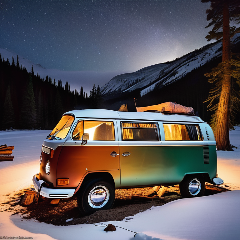 A colorful VW campervan rests on a snowy dirt campsite beneath the Colorado night sky. A warm campfire glows beside a large log, while a nearby tent shines softly from within. Ferns peek through the snow, adding a touch of green to the peaceful scene.