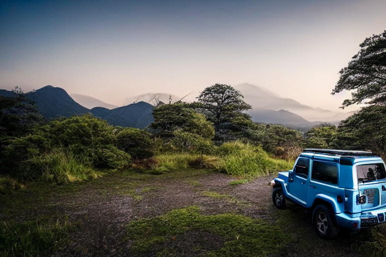 A blue and gray Jeep sits at a quiet campsite beneath a star-filled sky. Its rooftop tent is open, surrounded by mossy trees, tall grass, and fallen leaves. Soft fog gives this peaceful spot in Miyajima, Japan, a dreamy feel.