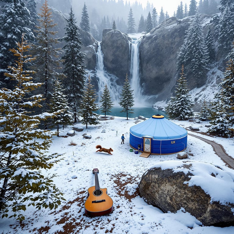 A cozy blue yurt sits in a snowy forest, surrounded by tall pine trees. A waterfall crashes into a sparkling pool nearby, while a happy squirrel scampers around. A guitar rests on the ground, ready for a campfire song.