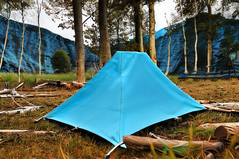 A blue tent rests in a quiet clearing at Plitvice Lakes National Park. A small campfire sits on logs in the center, surrounded by leaves, grass, and twigs. Cloudy skies and soft light create a calm, peaceful mood.