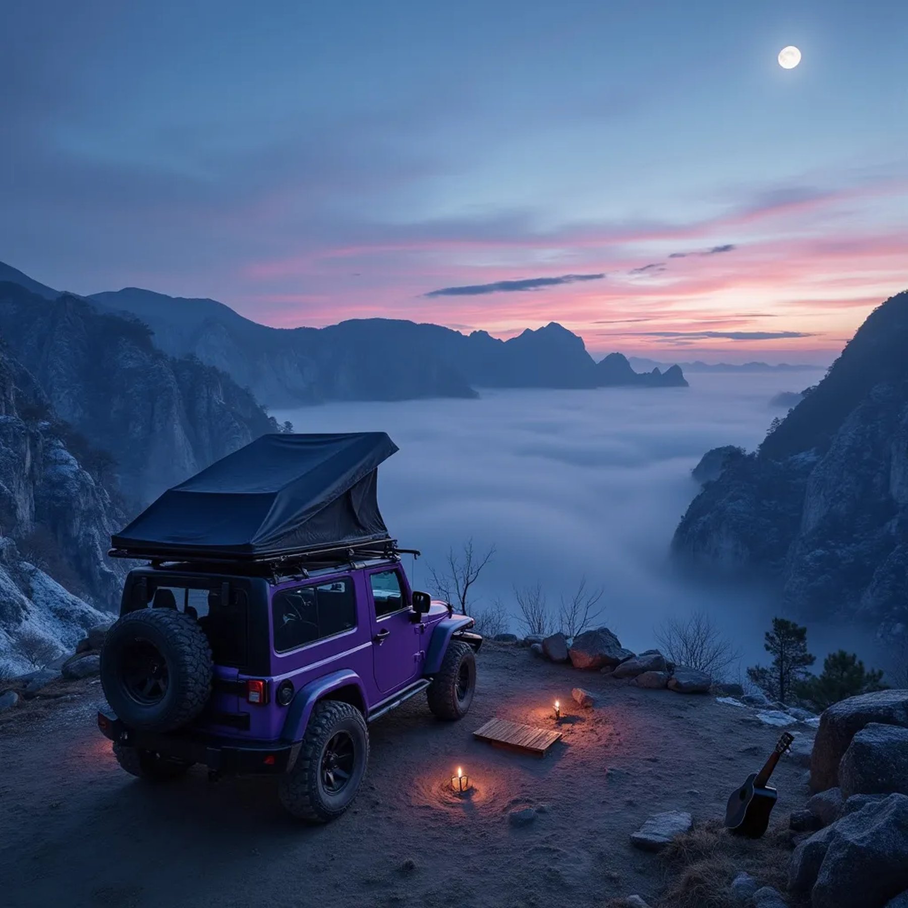 A purple Jeep with a rooftop tent rests in a snowy mountain camp in Zhangjiajie. A wooden guitar lies near a trail marker, while a small waterfall and steaming geysers brighten the quiet blue-hour scene. The moon hangs above the misty peaks.