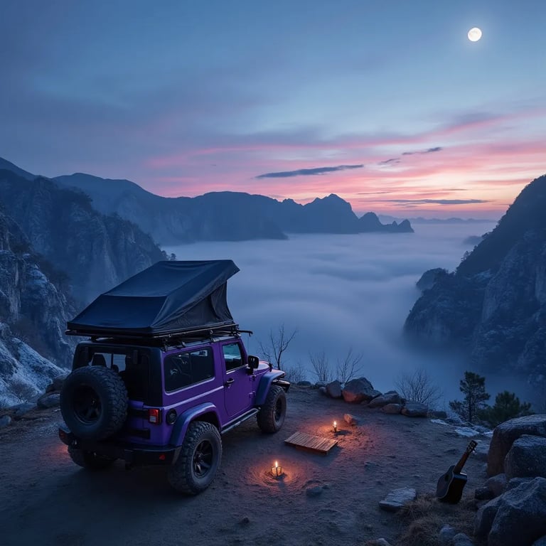 A purple Jeep with a rooftop tent rests in a snowy mountain camp in Zhangjiajie. A wooden guitar lies near a trail marker, while a small waterfall and steaming geysers brighten the quiet blue-hour scene. The moon hangs above the misty peaks.