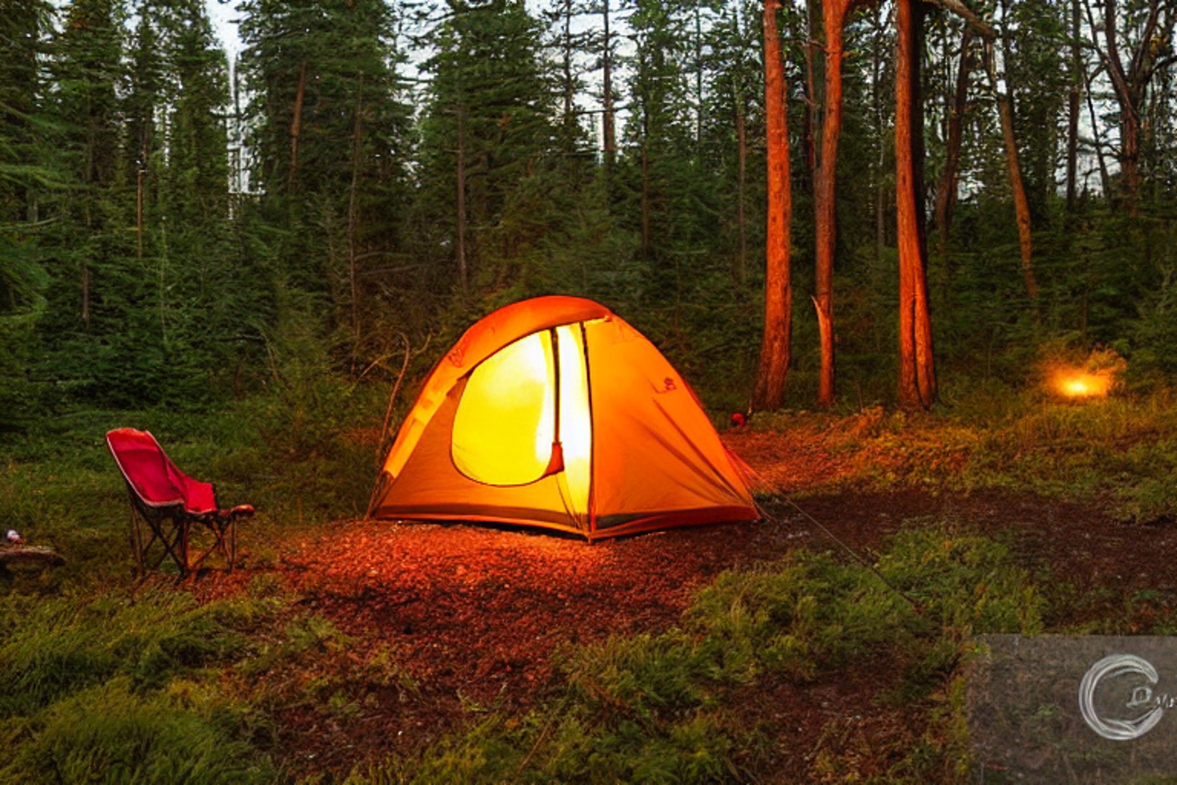 A bright red tent sits on a dirt clearing along the rocky Maine coast. A warm campfire glows between wooden logs, with chairs nearby and green ferns all around. Stormy clouds gather overhead as golden light shines through the scene.