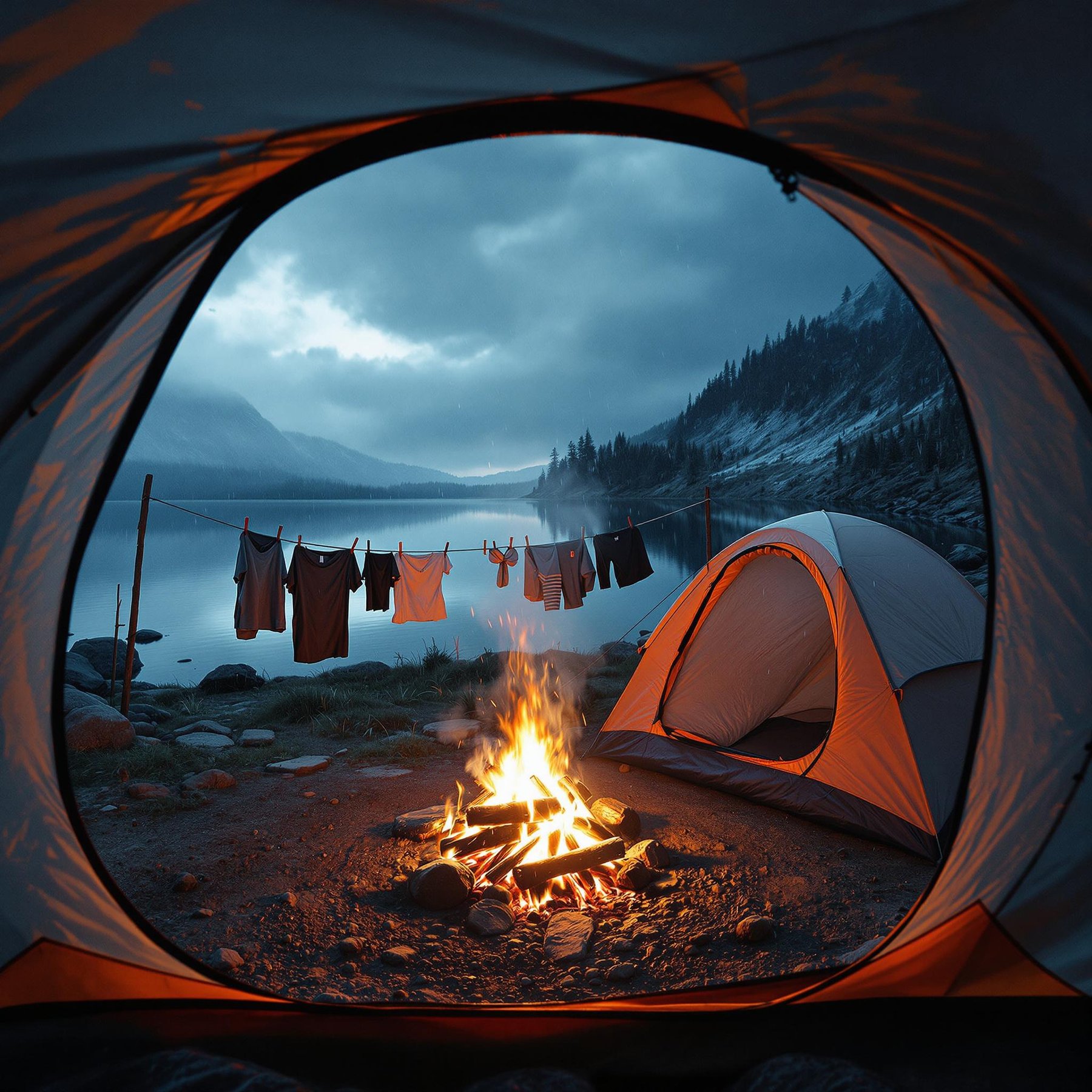 A cozy tent sits by a calm lake, with mountains and pine trees all around. A warm campfire glows, and clothes hang on a line to dry in the fresh air. The atmosphere feels peaceful and quiet, perfect for a night under the stars.