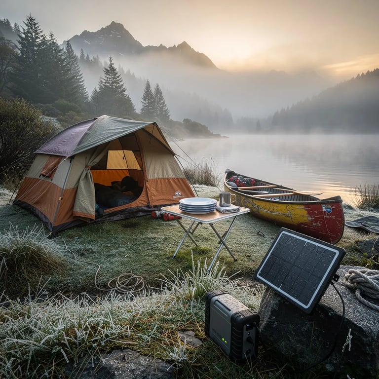 A thick morning fog wraps around a quiet campsite on wet grass, with shadowy mountains far behind it. A bright safari tent sits near the shore, and a canoe rests beside it like it’s ready to glide out. A small solar panel leans on a rock, charging a battery while clean enamel plates wait on a little table. The air feels cool, calm, and full of adventure.