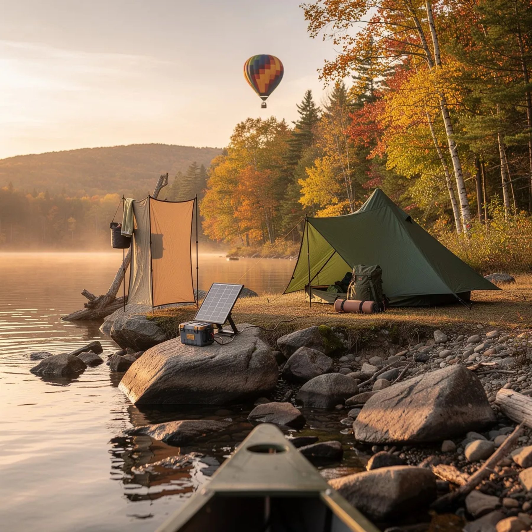 A quiet lake glows in the warm sunset as a canoe drifts toward a rocky shore. A green tarp shelter sits by the trees, with a small solar panel charging gear on a boulder. Nearby, a simple shower screen stands ready, and far away a hot-air balloon floats above the water.