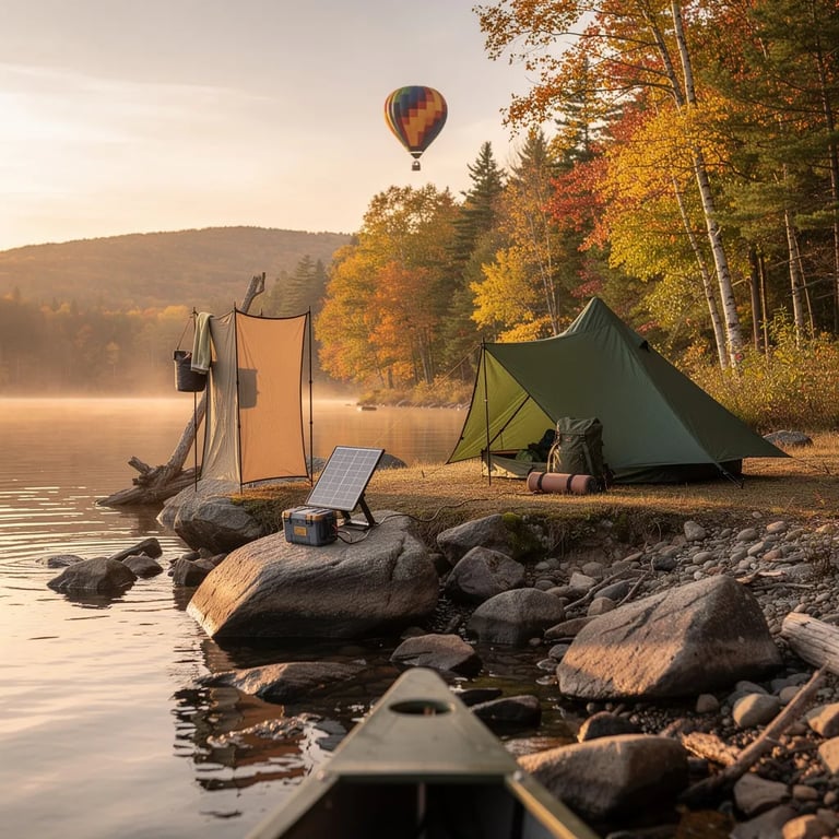 A quiet lake glows in the warm sunset as a canoe drifts toward a rocky shore. A green tarp shelter sits by the trees, with a small solar panel charging gear on a boulder. Nearby, a simple shower screen stands ready, and far away a hot-air balloon floats above the water.