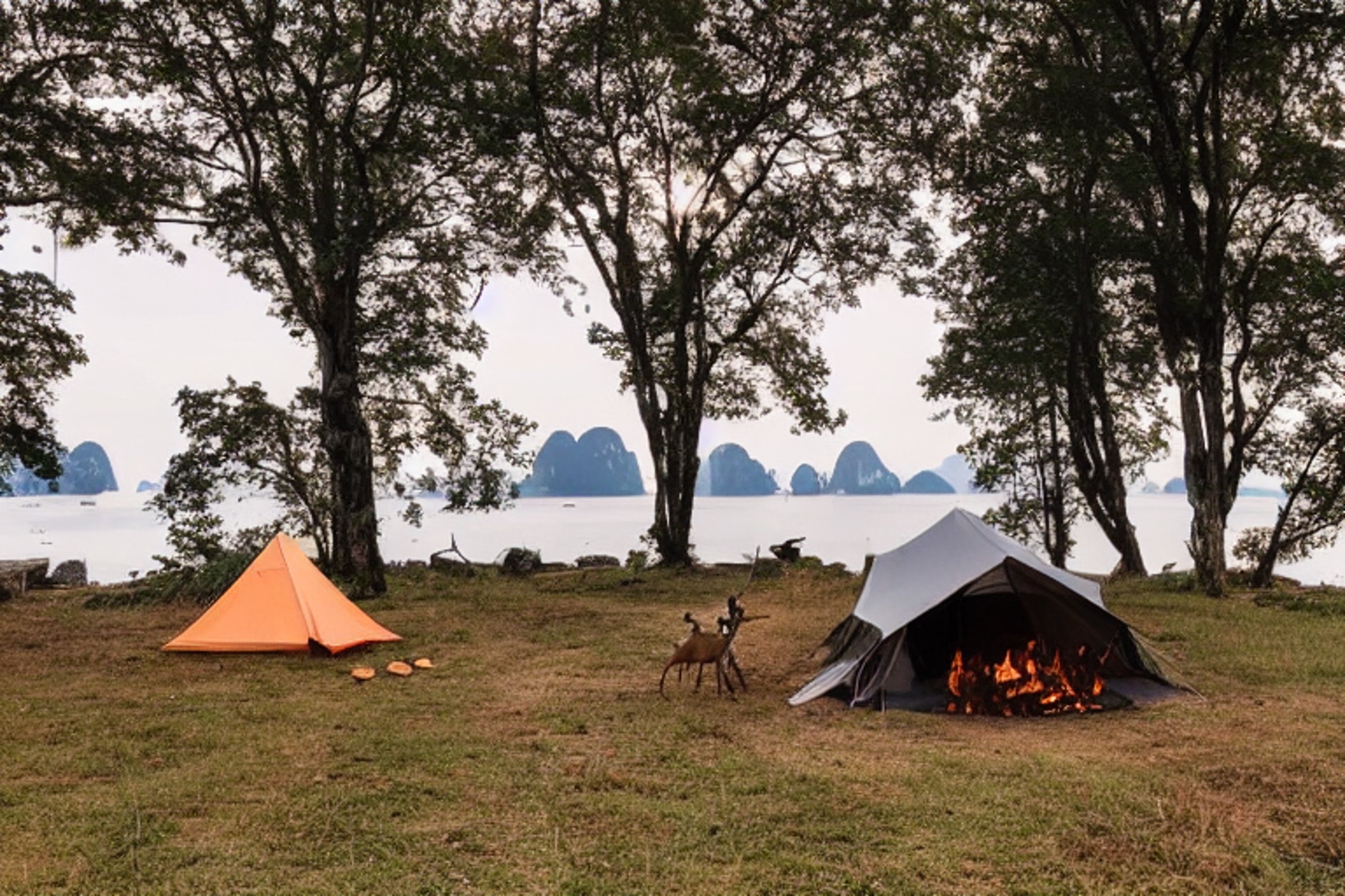 A cozy tan tent sits beside a warm campfire in snowy Halong Bay. Stone paths and a small parking spot surround the campsite, while a deer watches from the distance under the sunset sky.