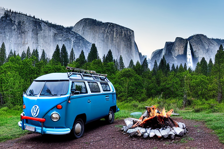 A blue campervan rests at a peaceful campsite in Yosemite. Ferns surround the fire pit, while tall mountains rise in the distance under a cloudy golden sky. A pale moon hangs above the quiet scene.